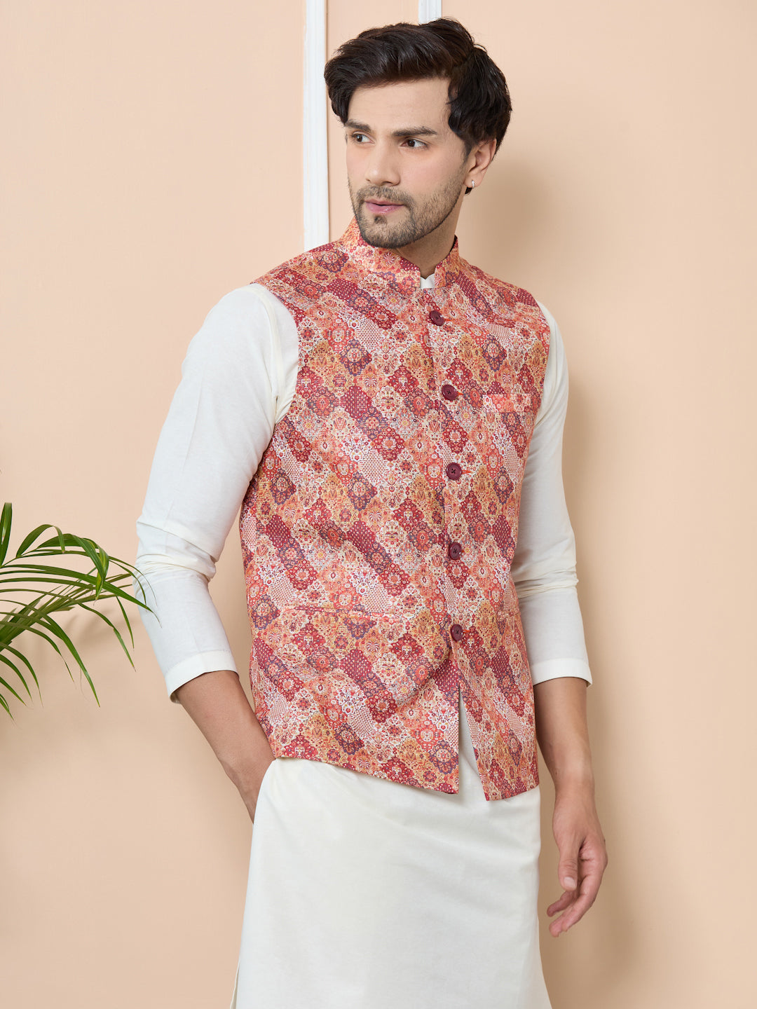 Orange Ethnic Motif Printed Nehru Jacket with Solid Kurta-Pyjama (3 Piece Set)