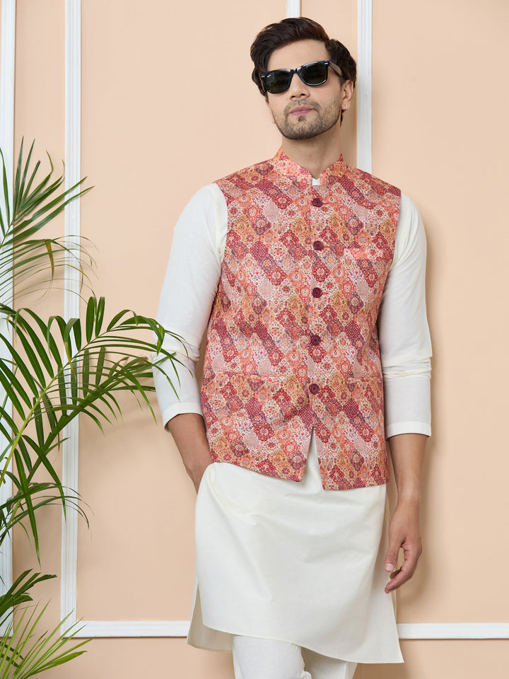 Orange Ethnic Motif Printed Nehru Jacket with Solid Kurta-Pyjama (3 Piece Set)