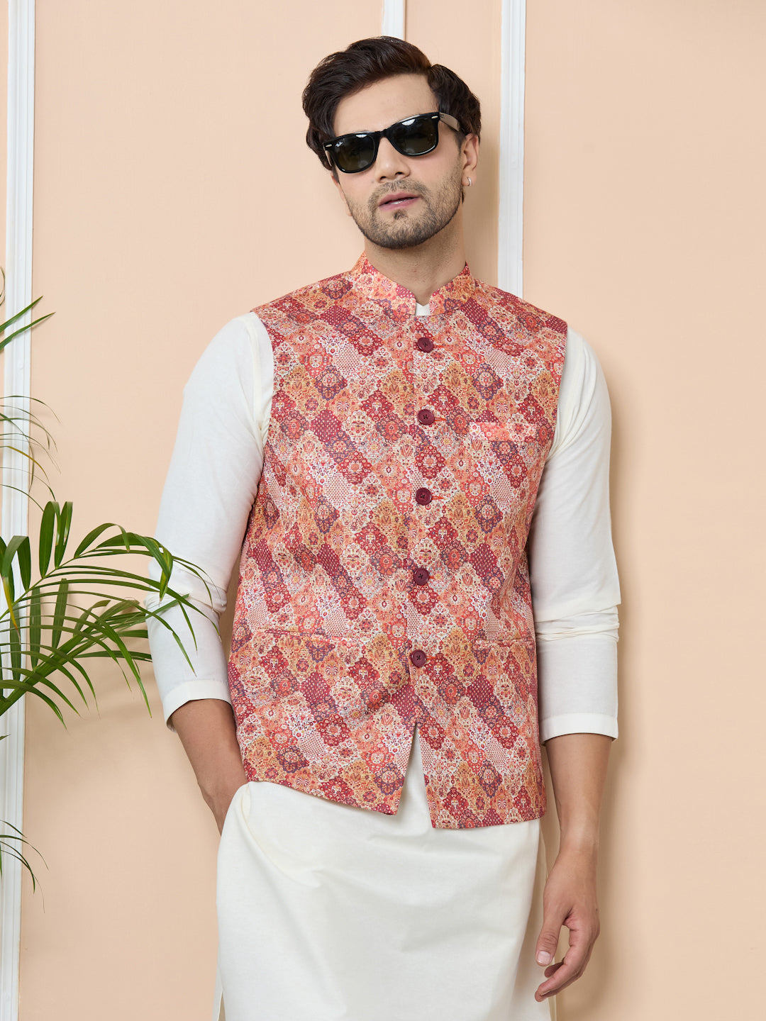 Orange Ethnic Motif Printed Nehru Jacket with Solid Kurta-Pyjama (3 Piece Set)