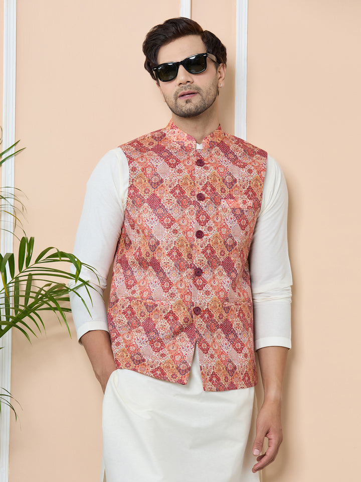 Orange Ethnic Motif Printed Nehru Jacket