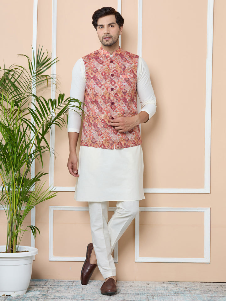 Orange Ethnic Motif Printed Nehru Jacket with Solid Kurta-Pyjama (3 Piece Set)