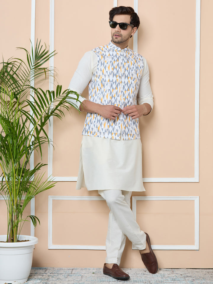 Gray Printed Slim Fit Cotton Nehru Jacket with Solid Kurta-Pyjama (3 Piece Set)