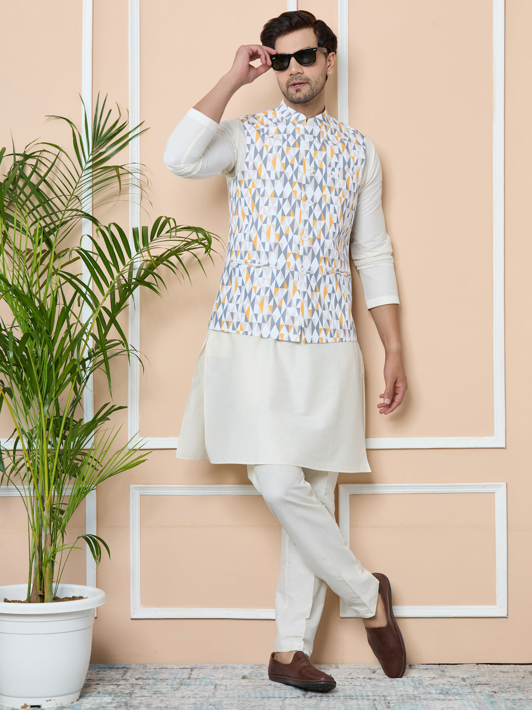 Gray Printed Slim Fit Cotton Nehru Jacket with Solid Kurta-Pyjama (3 Piece Set)