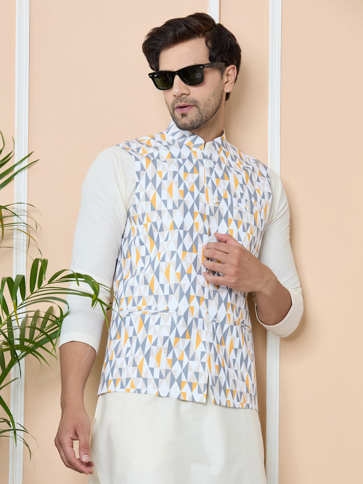 Gray Printed Slim Fit Cotton Nehru Jacket with Solid Kurta-Pyjama (3 Piece Set)