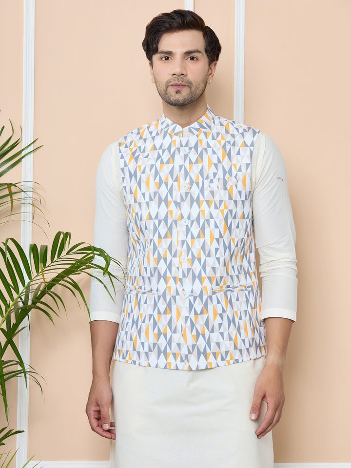 Gray Printed Slim Fit Cotton Nehru Jacket with Solid Kurta-Pyjama (3 Piece Set)