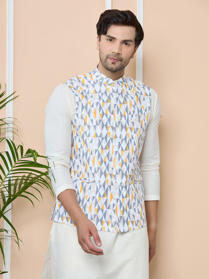 Gray Printed Slim Fit Cotton Nehru Jacket with Solid Kurta-Pyjama (3 Piece Set)