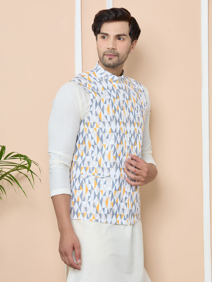 Gray Printed Slim Fit Cotton Nehru Jacket with Solid Kurta-Pyjama (3 Piece Set)