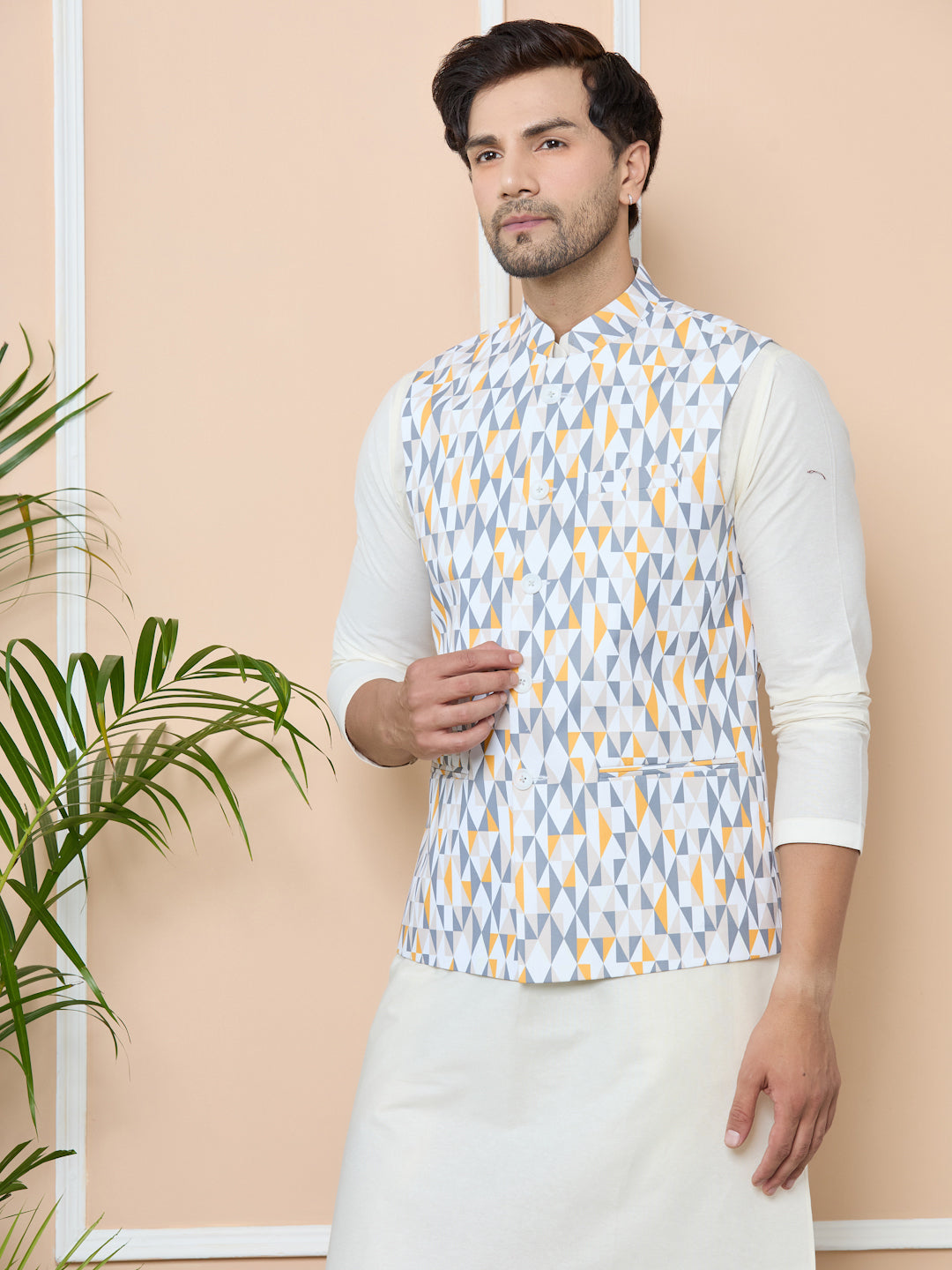 Gray Printed Slim Fit Cotton Nehru Jacket with Solid Kurta-Pyjama (3 Piece Set)