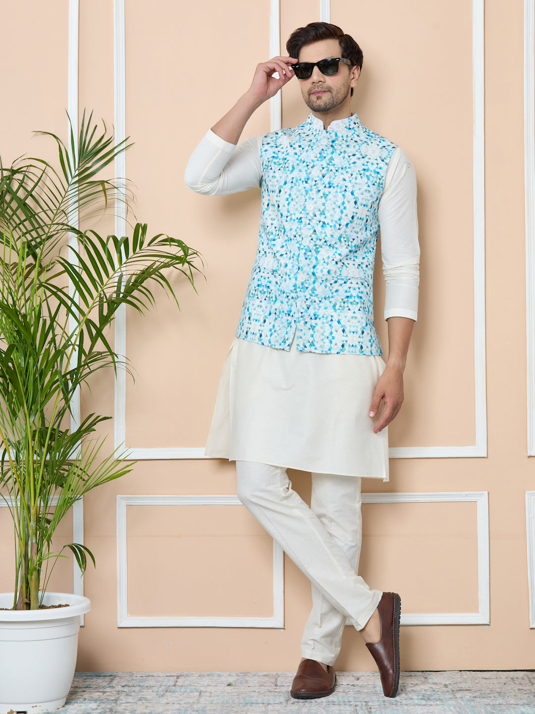 Blue Printed Slim Fit Nehru Jacket with Solid Kurta-Pyjama (3 Piece Set)