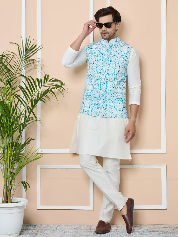 Blue Printed Slim Fit Nehru Jacket with Solid Kurta-Pyjama (3 Piece Set)