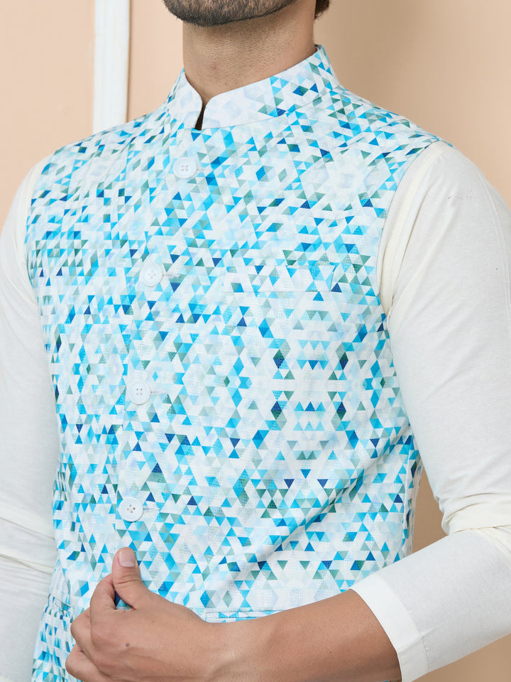 Blue Printed Slim Fit Nehru Jacket with Solid Kurta-Pyjama (3 Piece Set)