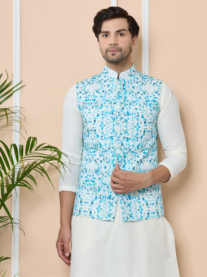 Blue Printed Slim Fit Nehru Jacket with Solid Kurta-Pyjama (3 Piece Set)