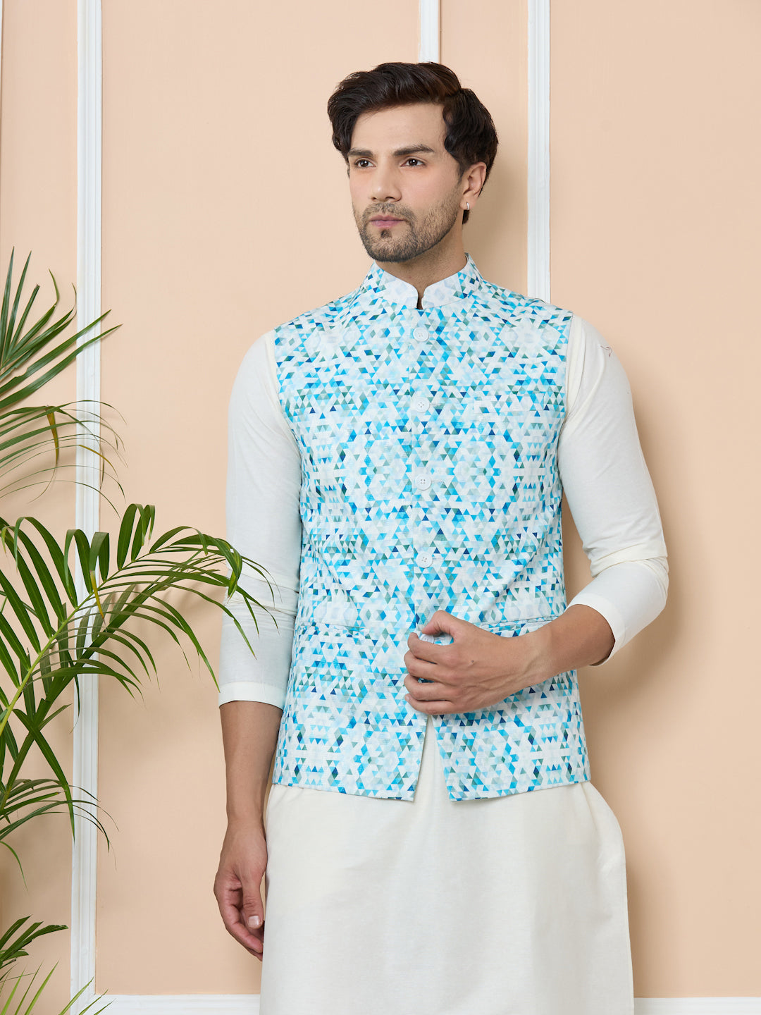 Blue Printed Slim Fit Nehru Jacket with Solid Kurta-Pyjama (3 Piece Set)