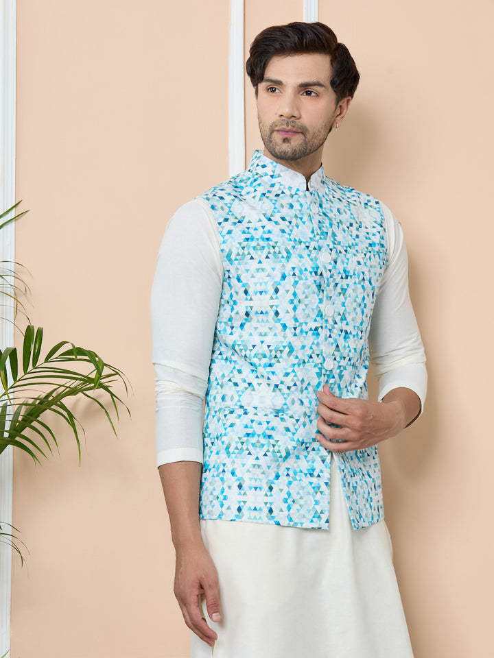 Blue Printed Slim Fit Nehru Jacket with Solid Kurta-Pyjama (3 Piece Set)