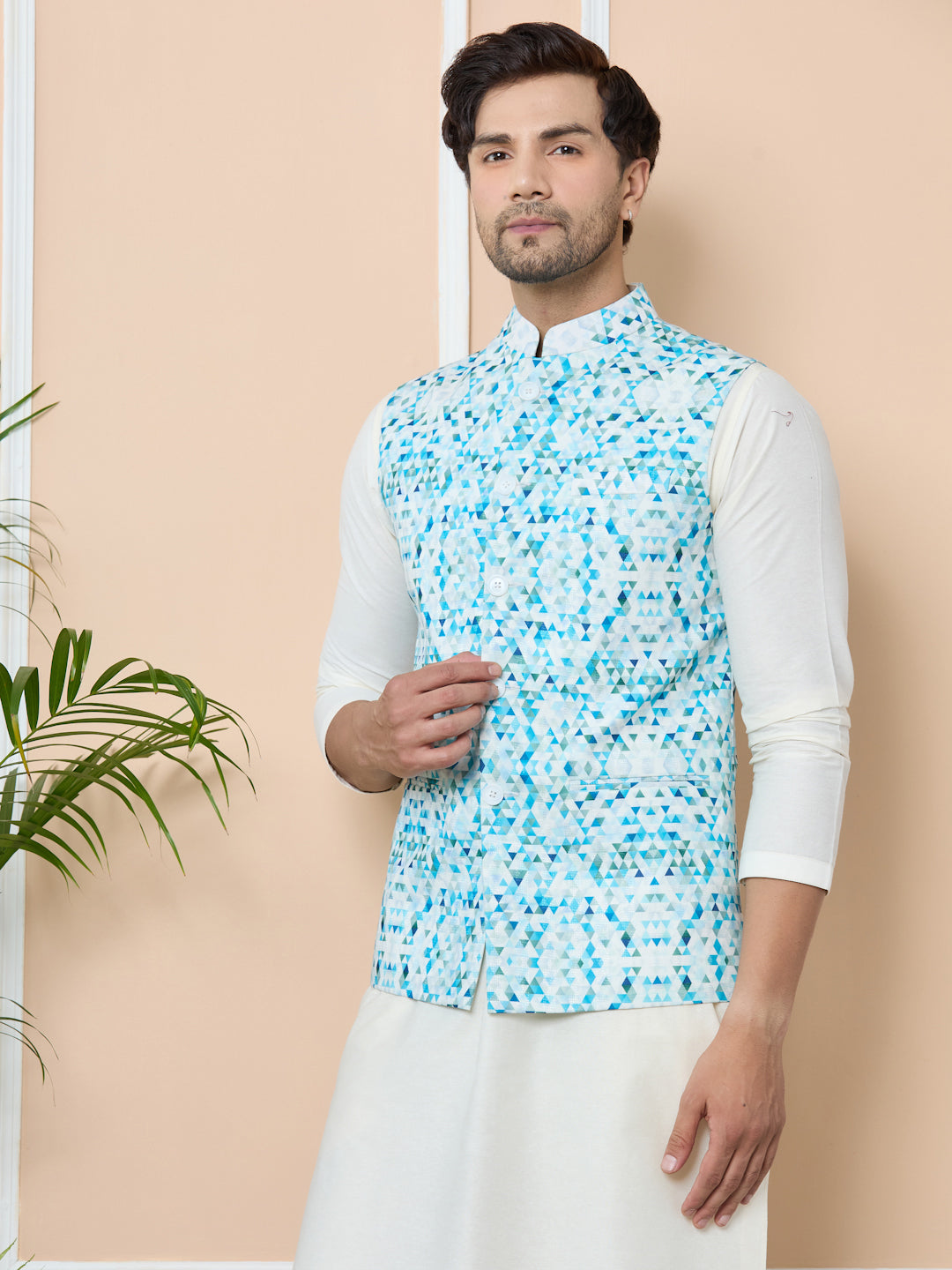 Blue Printed Slim Fit Nehru Jacket with Solid Kurta-Pyjama (3 Piece Set)