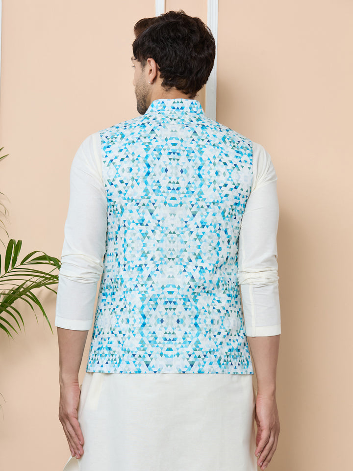 Blue Printed Slim Fit Nehru Jacket with Solid Kurta-Pyjama (3 Piece Set)