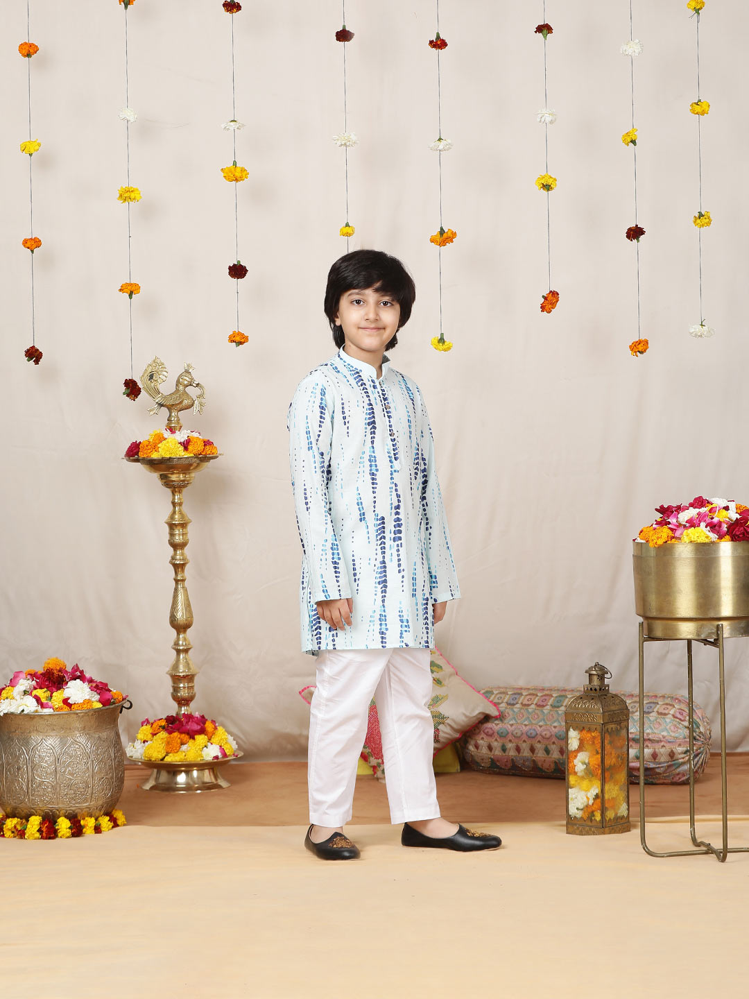 Boy's Blue Tie and dye Printed Cotton Straight Kurta