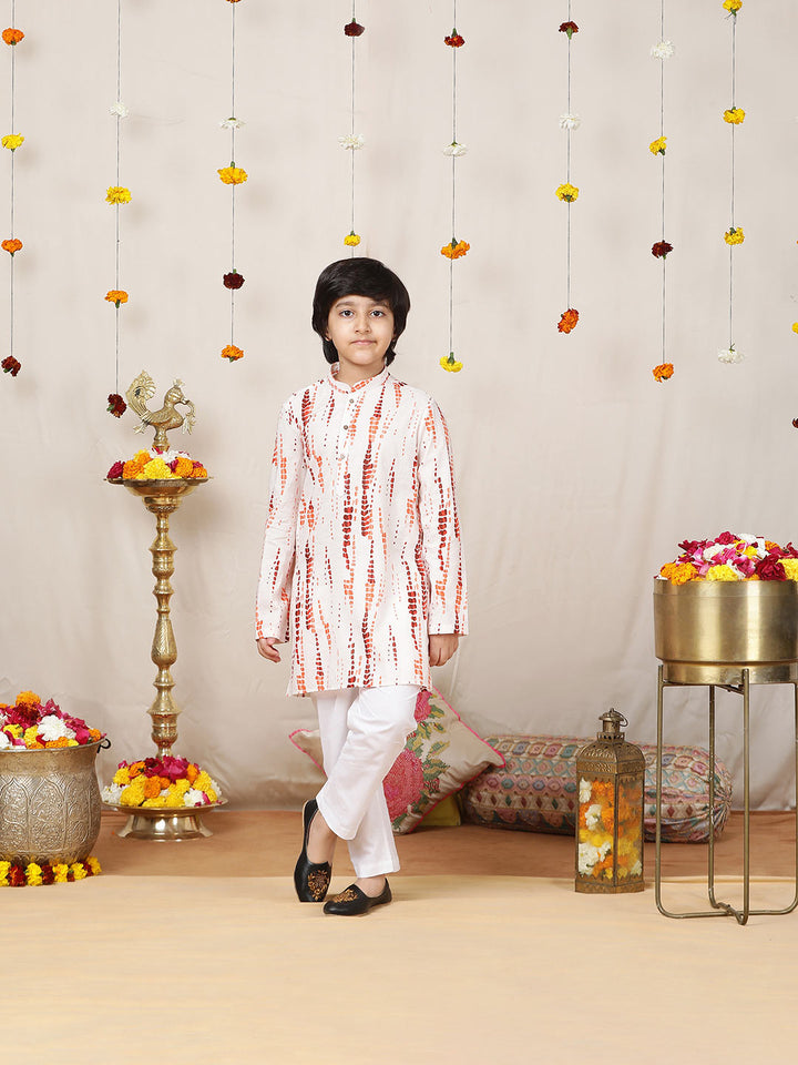 Boy's White & Orange Tie and dye Printed Cotton Straight Kurta