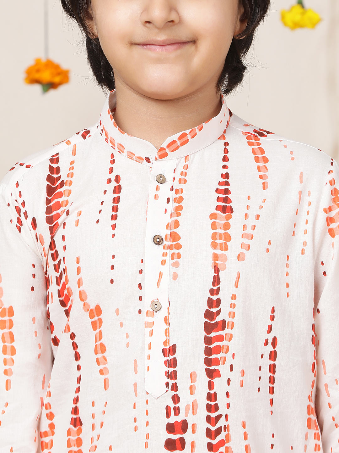 Boy's White & Orange Tie and dye Printed Cotton Straight Kurta