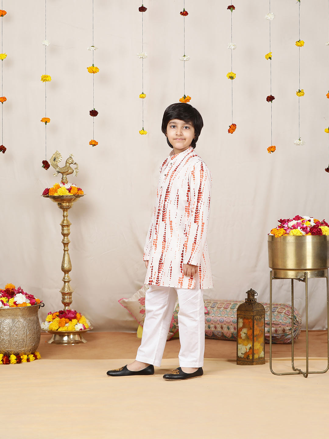 Boy's White & Orange Tie and dye Printed Cotton Straight Kurta