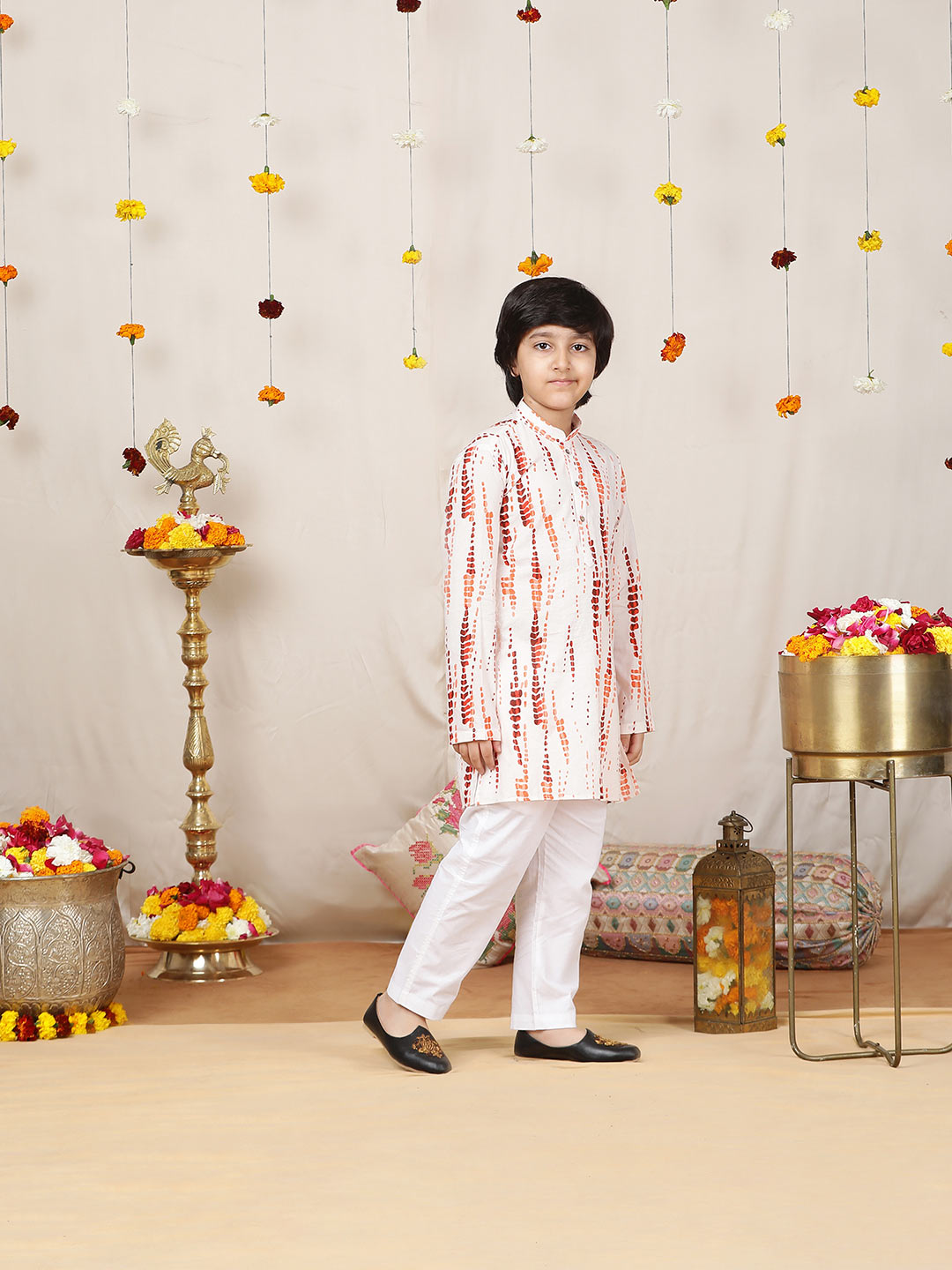 Boy's White & Orange Tie and dye Printed Cotton Straight Kurta