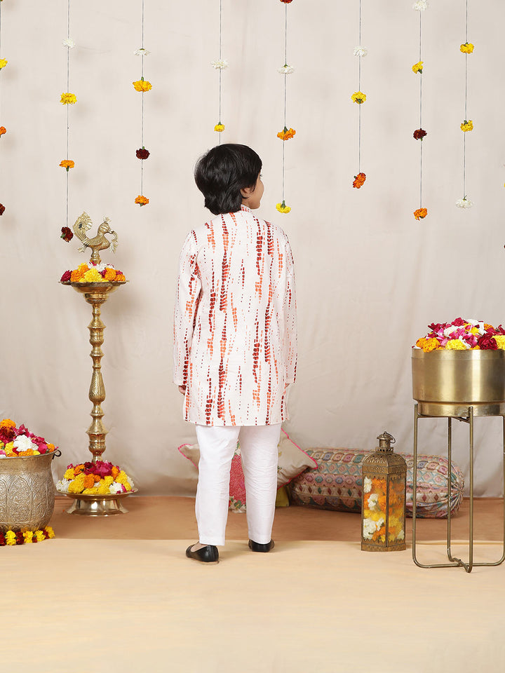 Boy's White & Orange Tie and dye Printed Cotton Straight Kurta