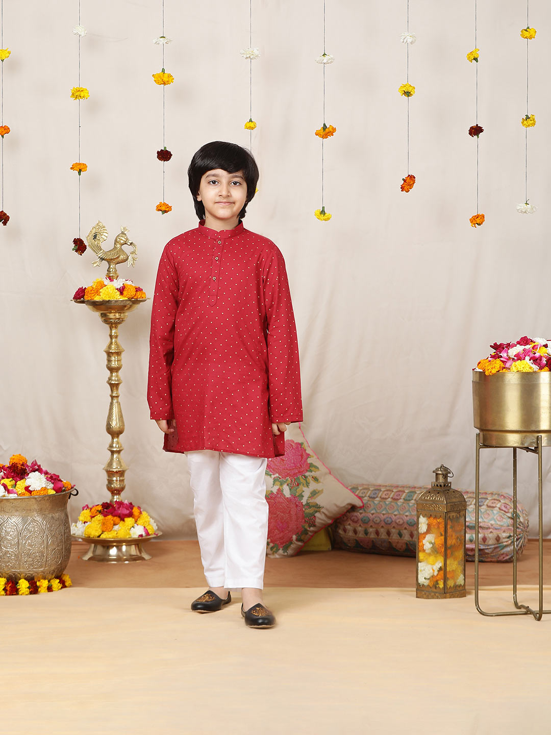 Boy's Maroon Foil Printed Pure Cotton Straight Kurta