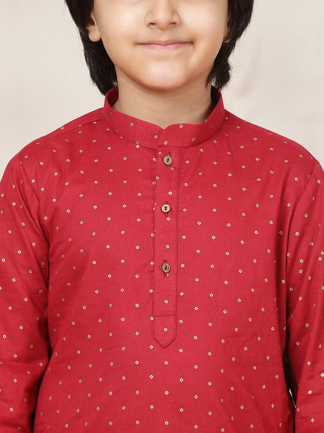 Boy's Maroon Foil Printed Pure Cotton Straight Kurta