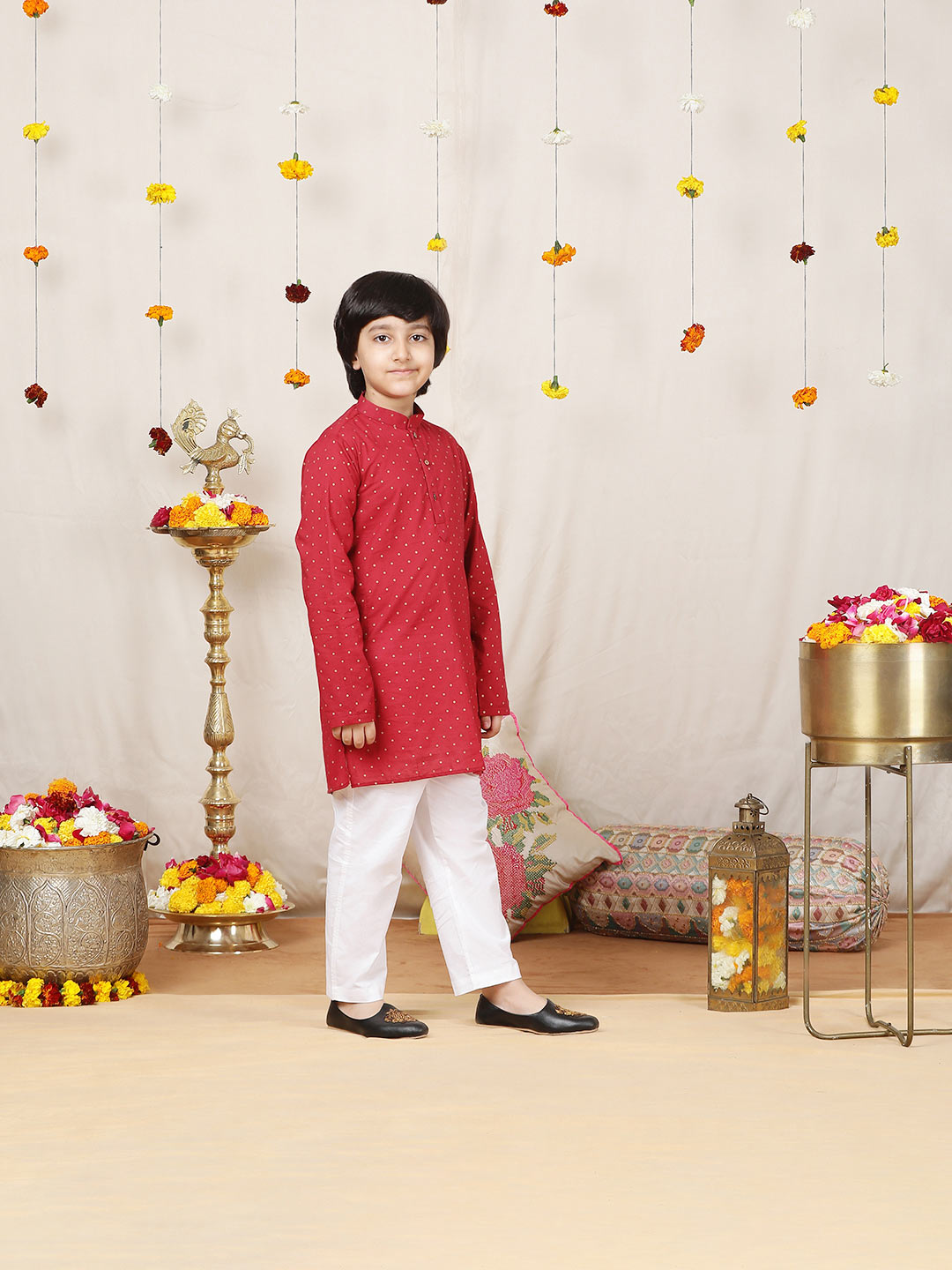 Boy's Maroon Foil Printed Pure Cotton Straight Kurta