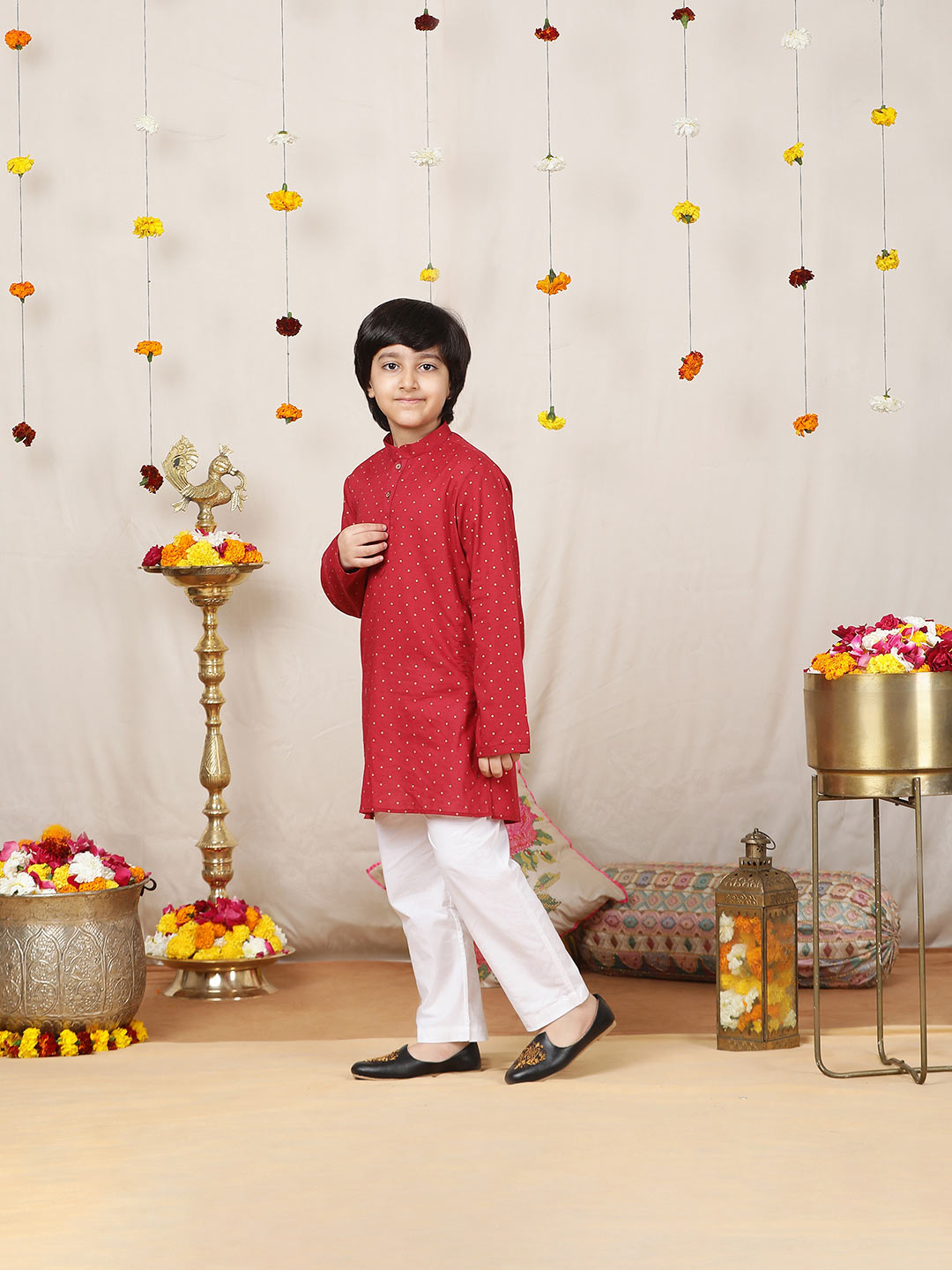 Boy's Maroon Foil Printed Pure Cotton Straight Kurta