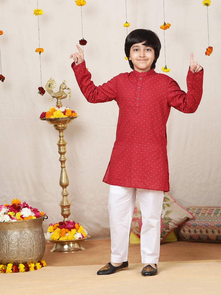 Boy's Maroon Foil Printed Pure Cotton Straight Kurta