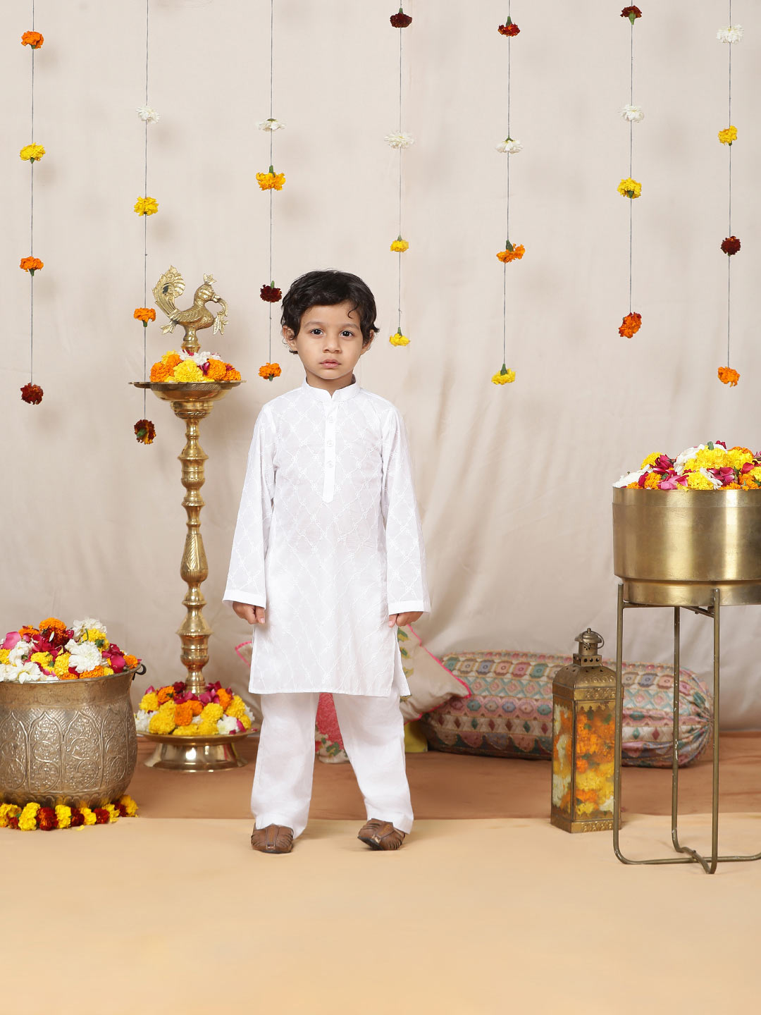 Boy's White Chikankari Embroidered Pure Cotton Straight Kurta with Pyjama