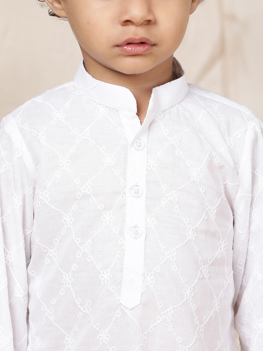 Boy's White Chikankari Embroidered Pure Cotton Straight Kurta with Pyjama