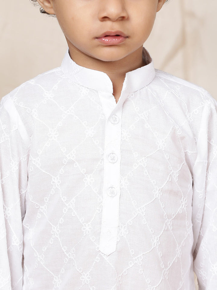 Boy's White Chikankari Embroidered Pure Cotton Straight Kurta