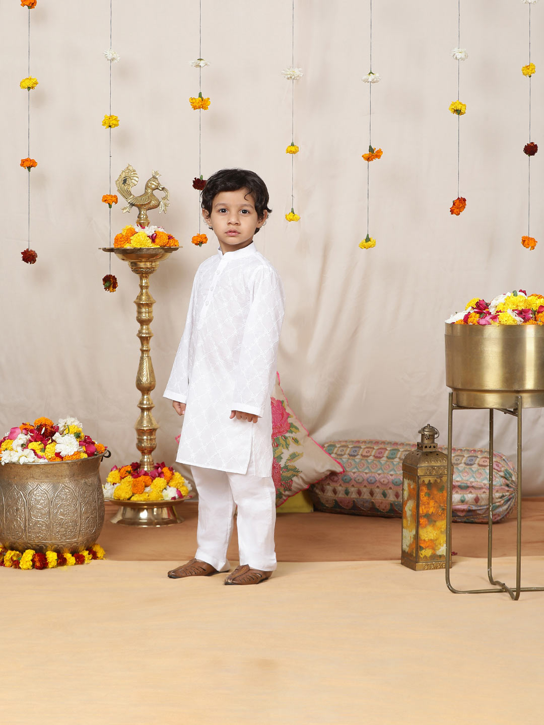 Boy's White Chikankari Embroidered Pure Cotton Straight Kurta