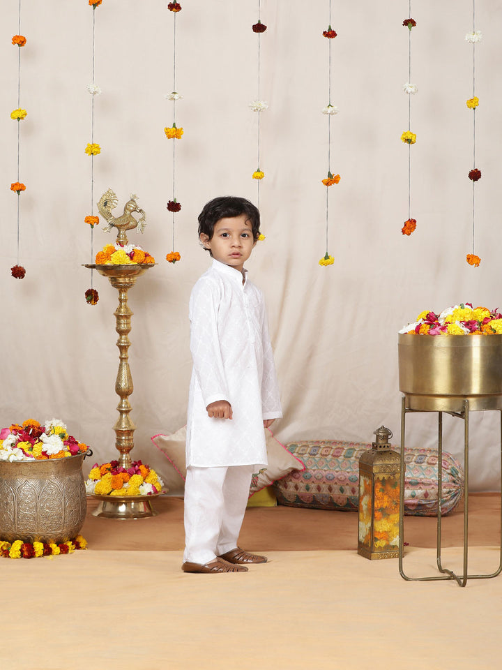 Boy's White Chikankari Embroidered Pure Cotton Straight Kurta with Pyjama