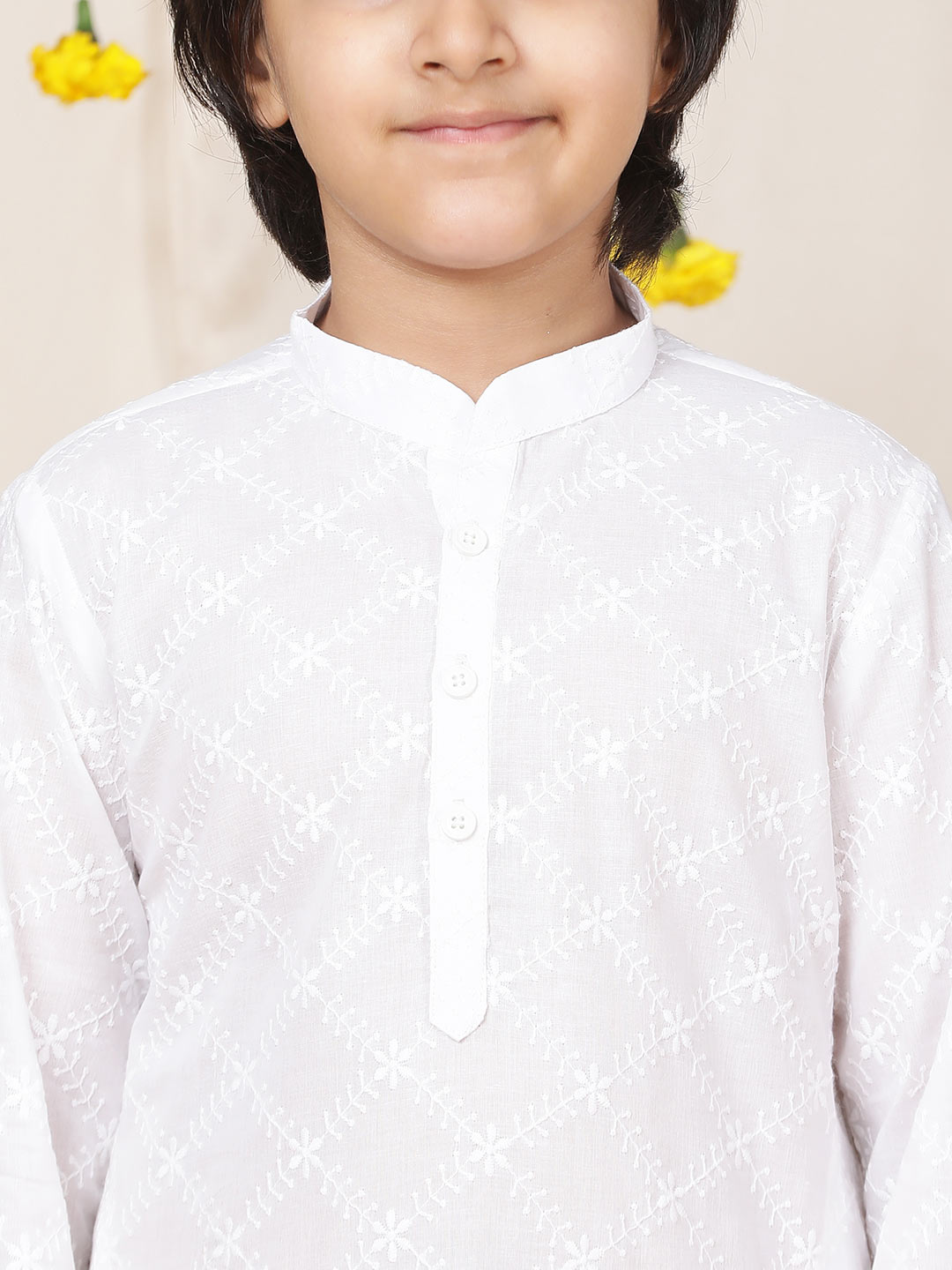 Boy's White Chikankari Embroidered Pure Cotton Straight Kurta with Pyjama