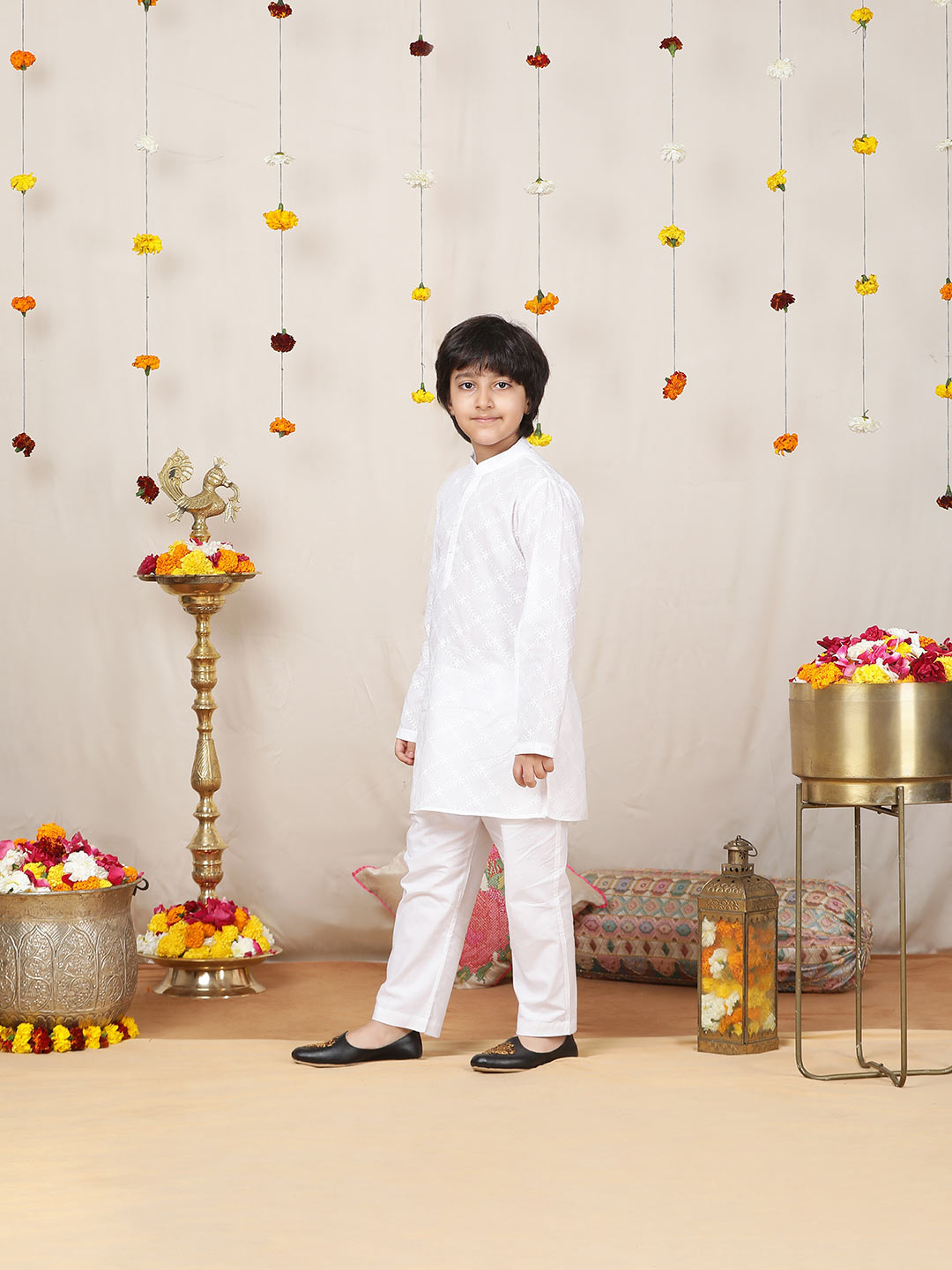 Boy's White Chikankari Embroidered Pure Cotton Straight Kurta with Pyjama