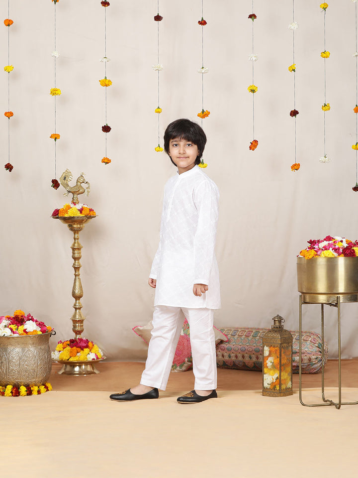 Boy's White Chikankari Embroidered Pure Cotton Straight Kurta