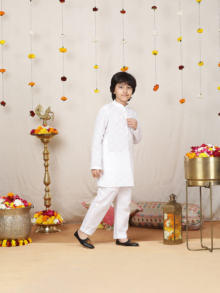 Boy's White Chikankari Embroidered Pure Cotton Straight Kurta with Pyjama