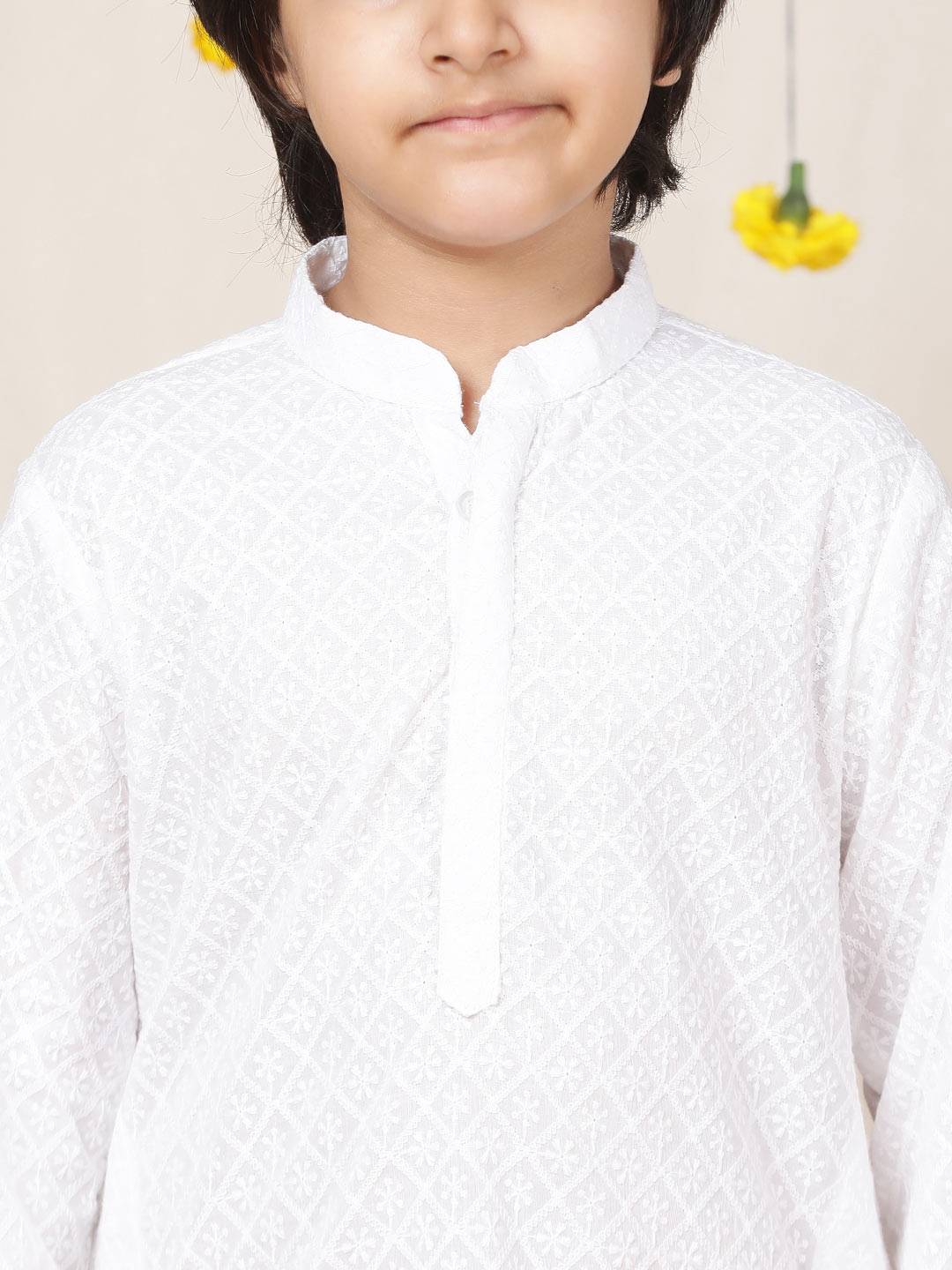 Boy's White Chikankari Embroidered Pure Cotton Straight Kurta with Pyjama