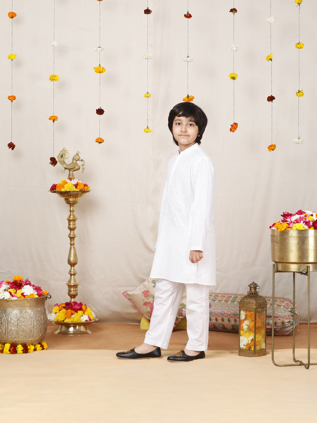 Boy's White Chikankari Embroidered Pure Cotton Straight Kurta