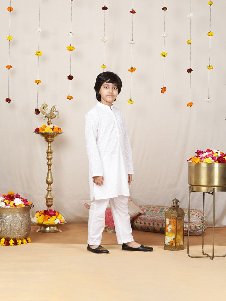 Boy's White Chikankari Embroidered Pure Cotton Straight Kurta