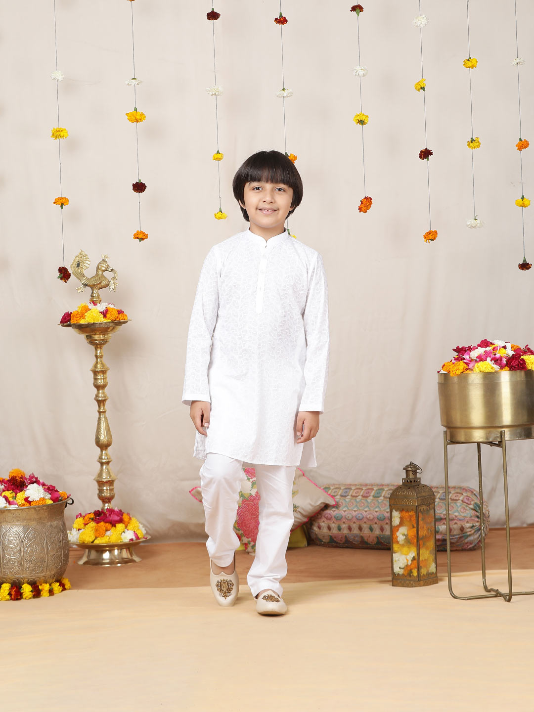 Boy's White Chikankari Embroidered Pure Cotton Straight Kurta with Pyjama