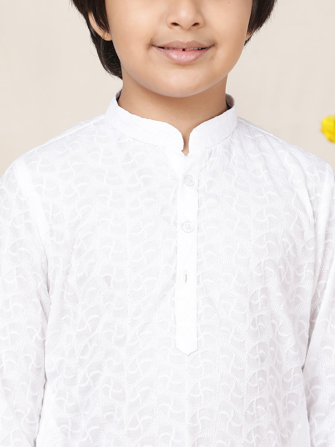 Boy's White Chikankari Embroidered Pure Cotton Straight Kurta