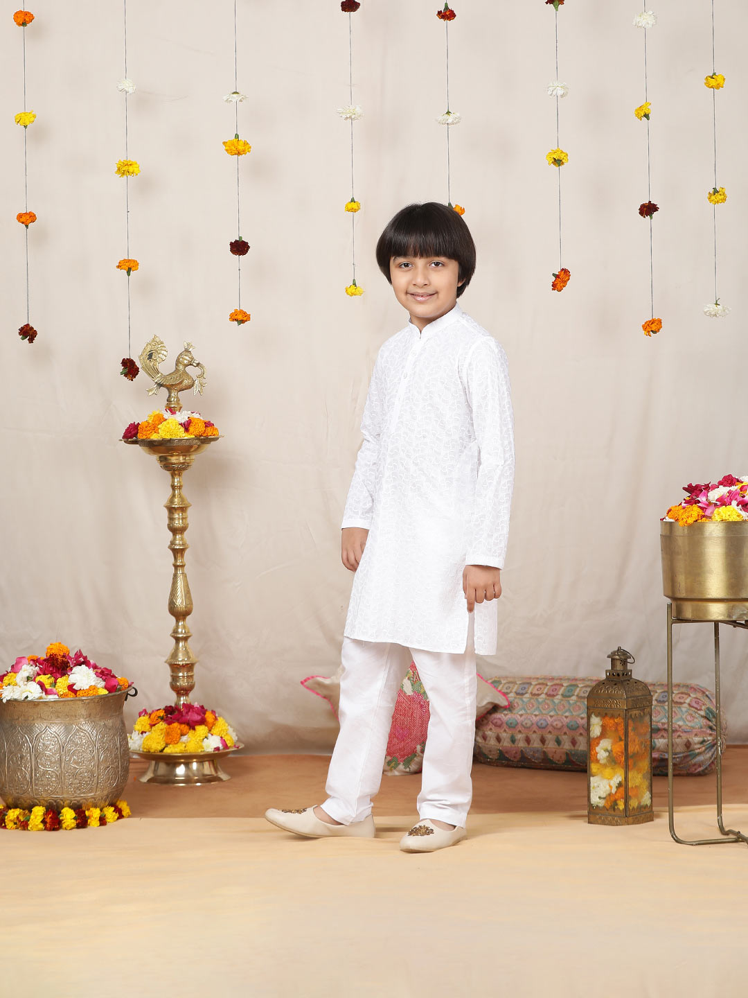 Boy's White Chikankari Embroidered Pure Cotton Straight Kurta with Pyjama