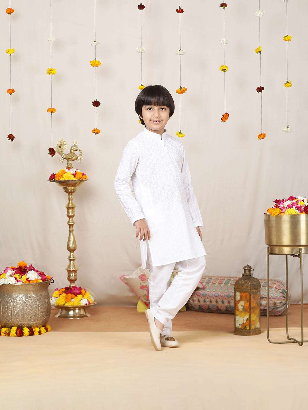 Boy's White Chikankari Embroidered Pure Cotton Straight Kurta