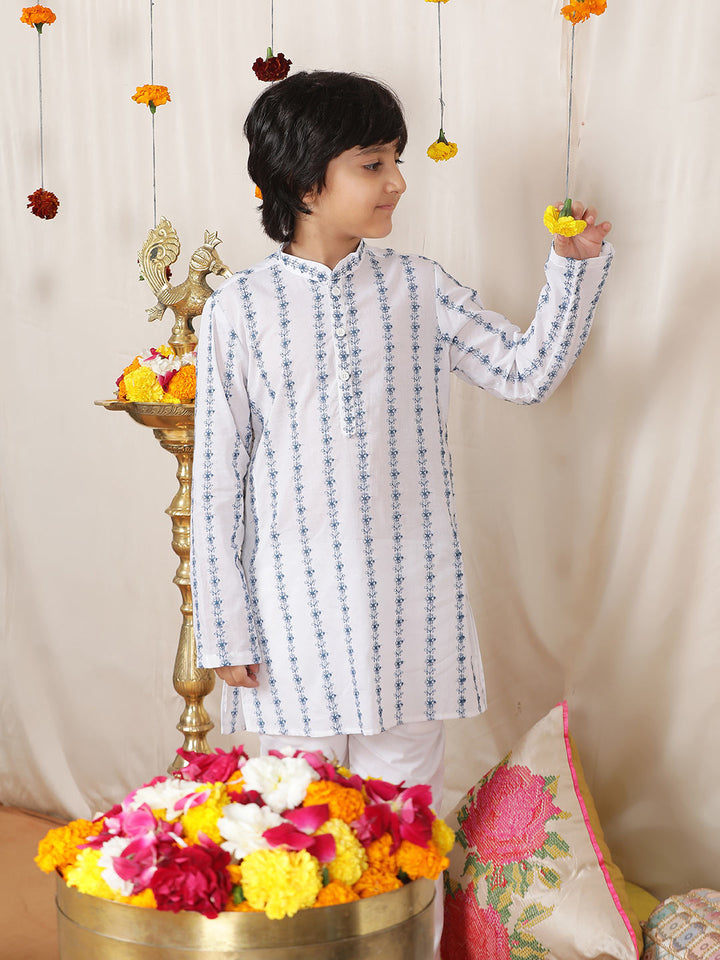 Boy's White & Blue Embroidered Pure Cotton Straight Kurta