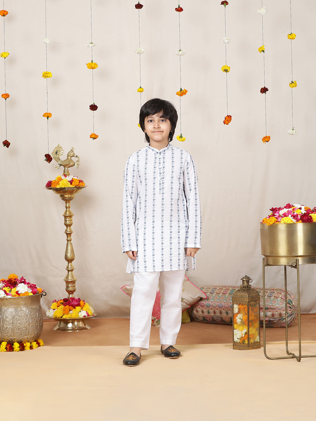 Boy's White & Blue Embroidered Pure Cotton Straight Kurta