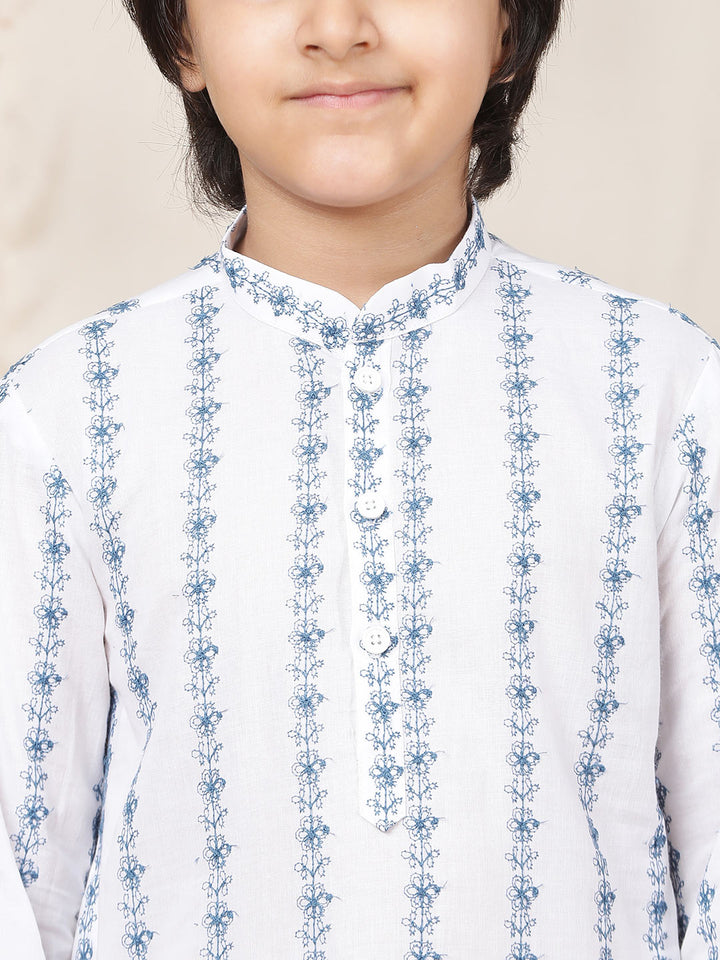 Boy's White & Blue Embroidered Pure Cotton Straight Kurta